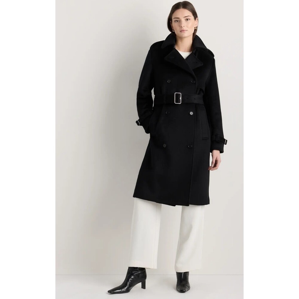 ​Quince 100% Mongolian Cashmere Trench Coat Black Size Small Belted Luxury NWOT